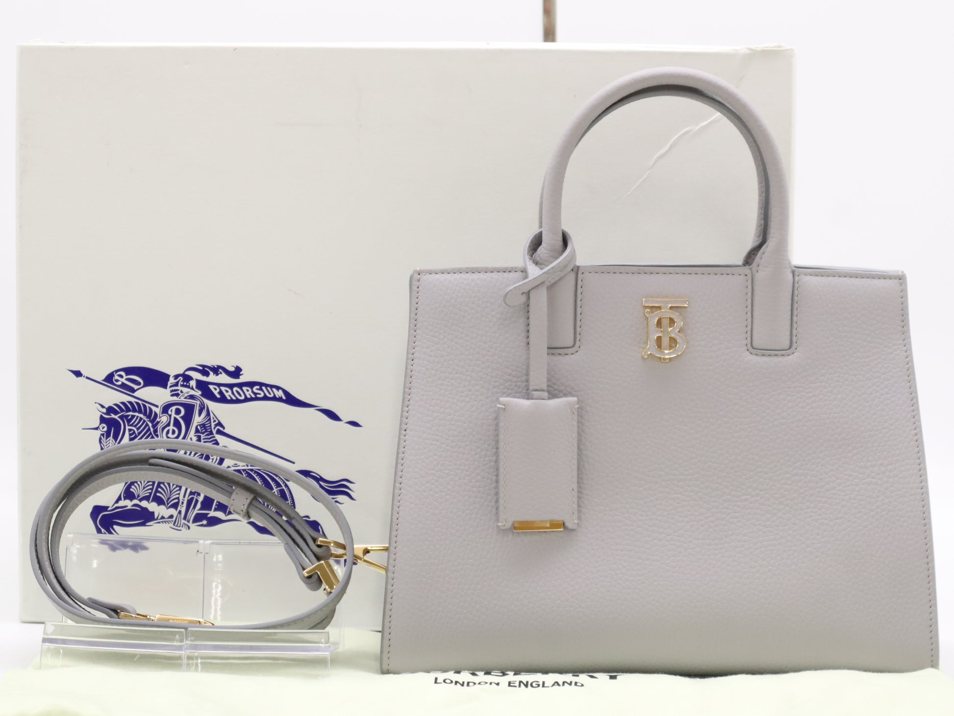 BURBERRY 8072514TB Logo Grainy Leather Frances Gray Handbag with Shoulder Strap, Dust Bag, and Box ITCUT2ABB