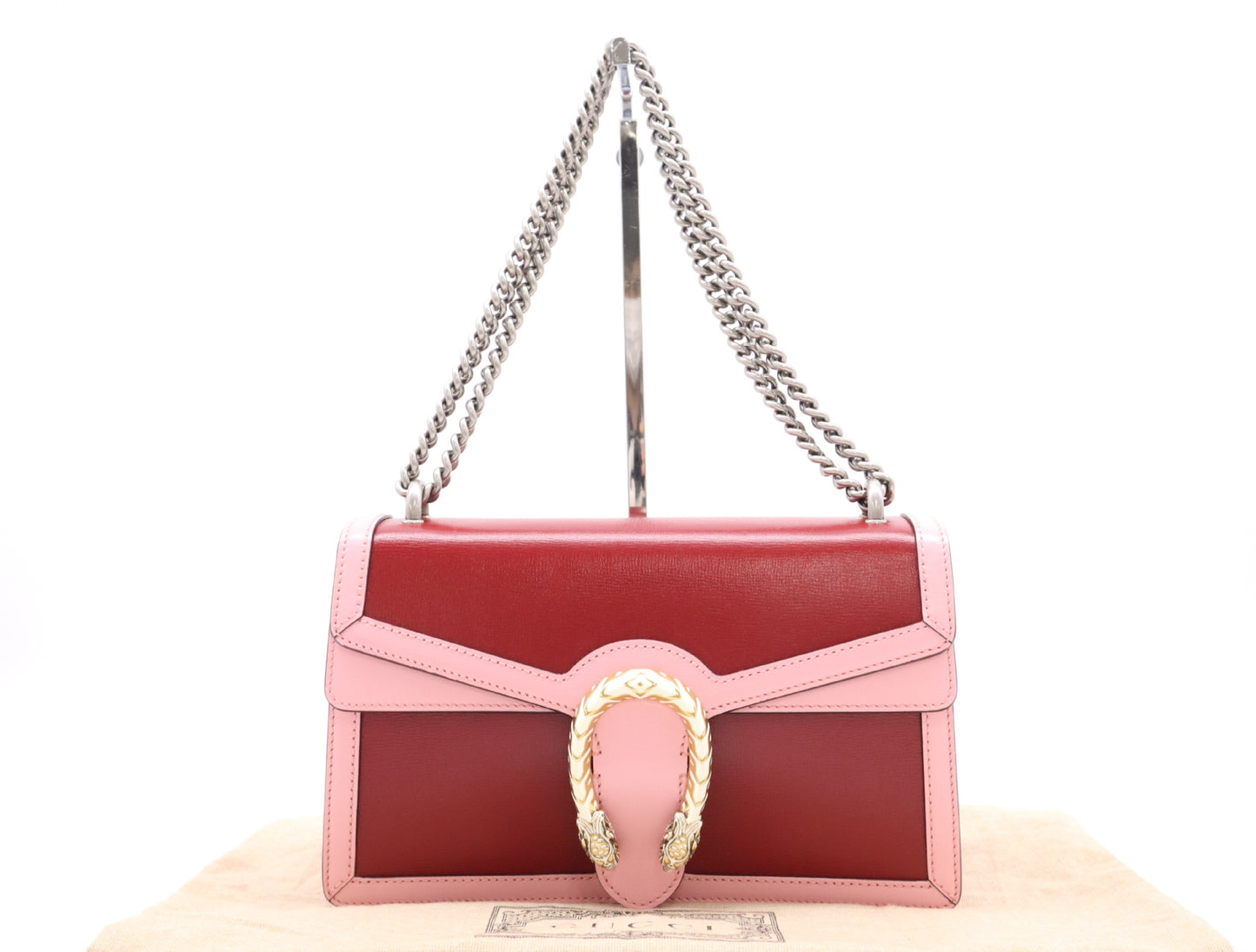 GUCCI 400249 Bicolor Dionysus Chain Shoulder Bag in Pink and Red Leather with Dust Bag