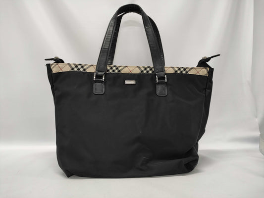 BURBERRY Nova Check Tote Bag Nylon Leather Black Tote Bag