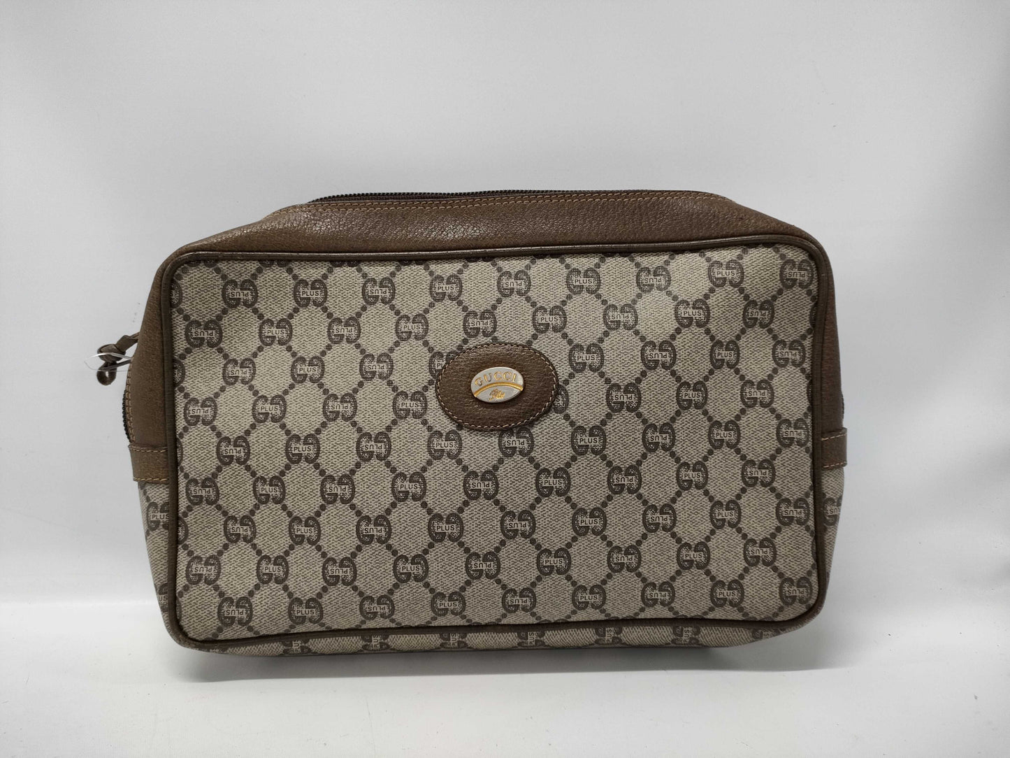 GUCCI GG Plus Clutch Bag Leather PVC Beige Brown Clutch Bag