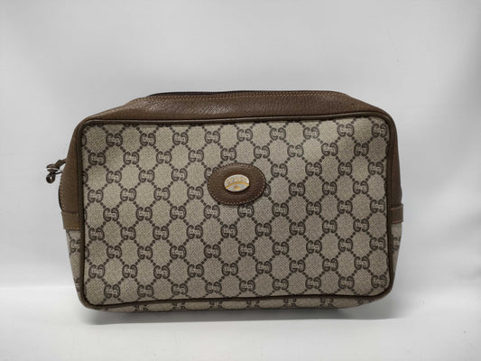 GUCCI GG Plus Clutch Bag Leather PVC Beige Brown Clutch Bag