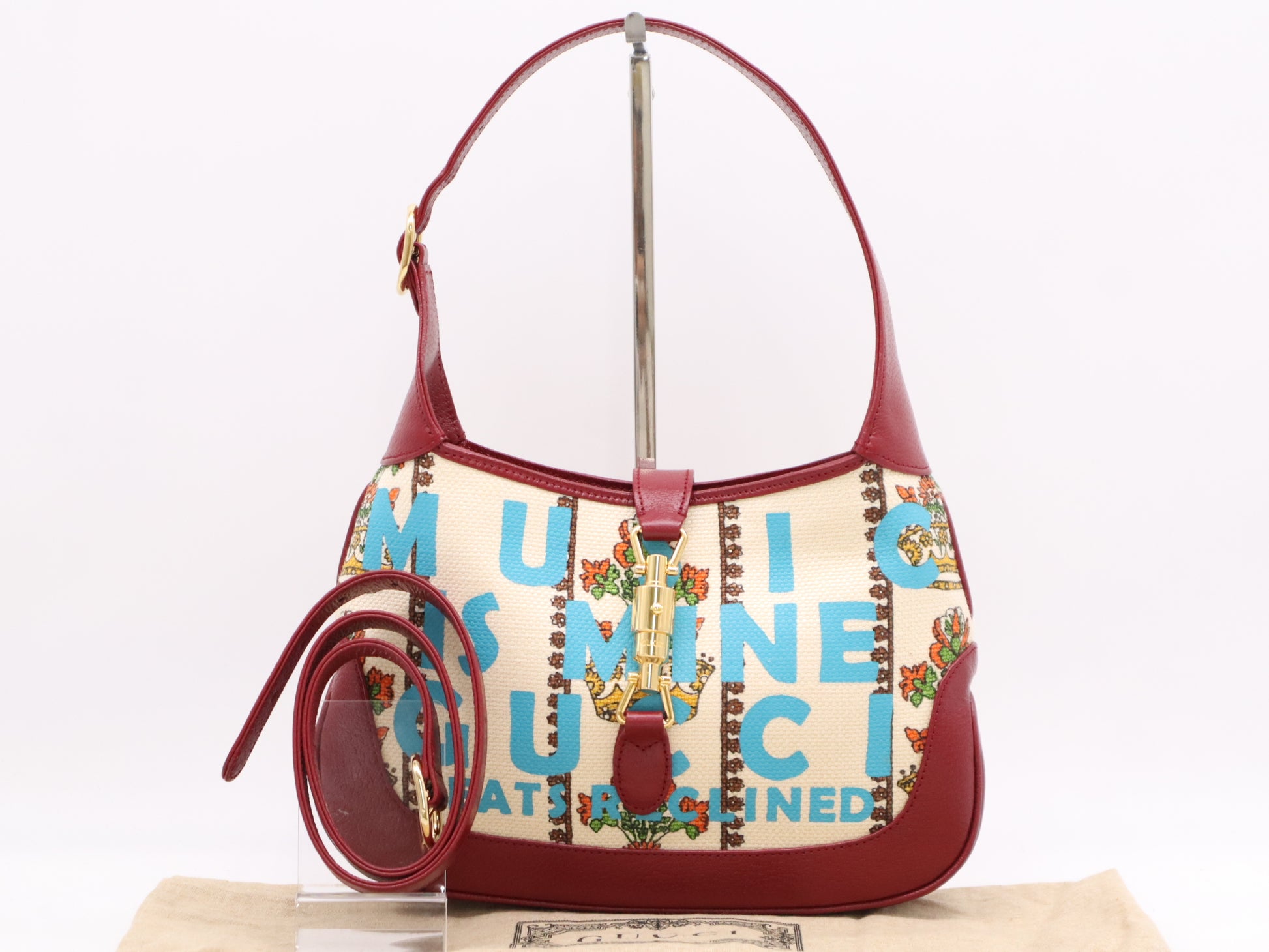 GUCCI 636706 Canvas and Leather Jackie 1961 2-Way Shoulder Bag, Beige and Red, Includes Dust Bag and Spare Strap, Serial Number Included
