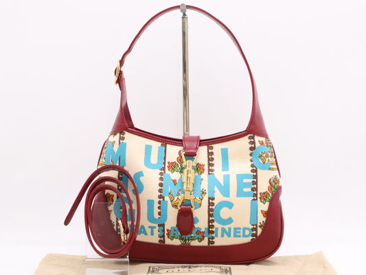 GUCCI 636706 Canvas and Leather Jackie 1961 2-Way Shoulder Bag, Beige and Red, Includes Dust Bag and Spare Strap, Serial Number Included
