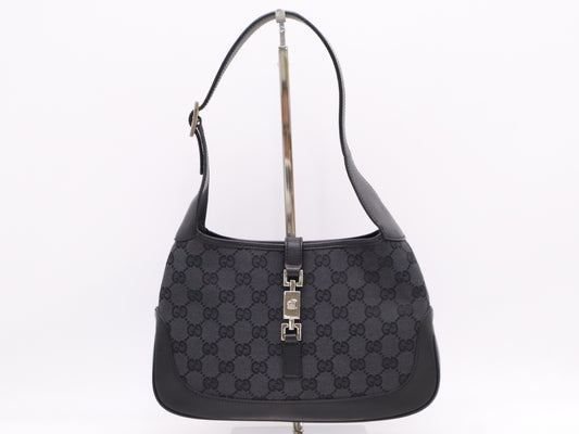 GUCCI 001・3735・001998GG Canvas and Leather Shoulder Bag Black Shoulder Bag