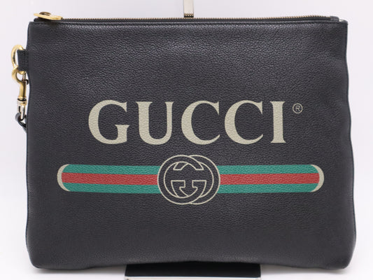 GUCCI 572770 Leather Sherry Line Logo Clutch Bag Black Clutch Bag