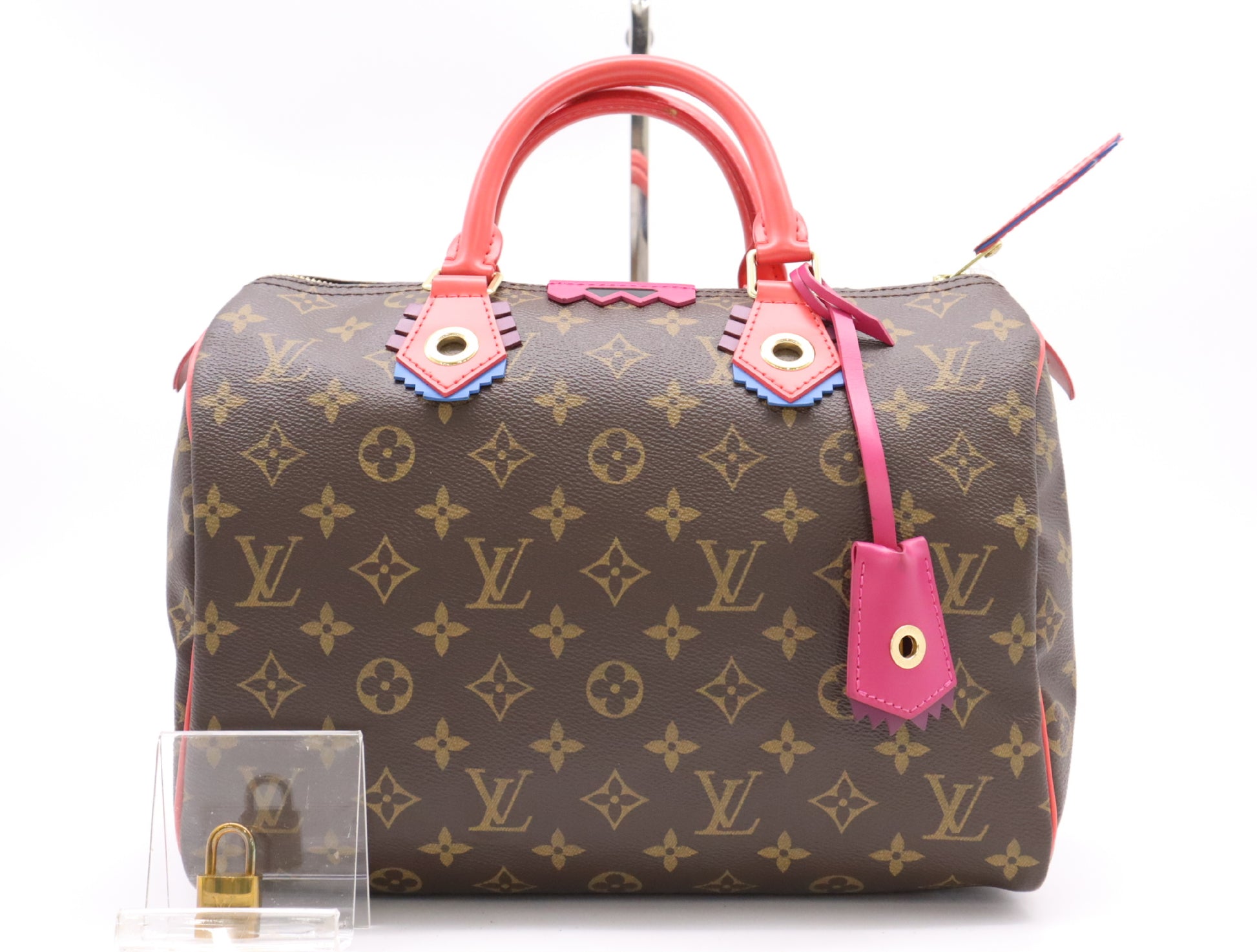 LOUIS VUITTON M41665 Monogram Speedy 30 Totem Flamingo Handbag with Cloche, Cadena, and Two Keys