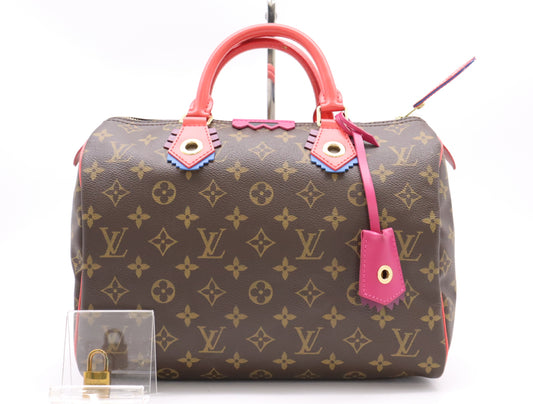 LOUIS VUITTON M41665 Monogram Speedy 30 Totem Flamingo Handbag with Cloche, Cadena, and Two Keys