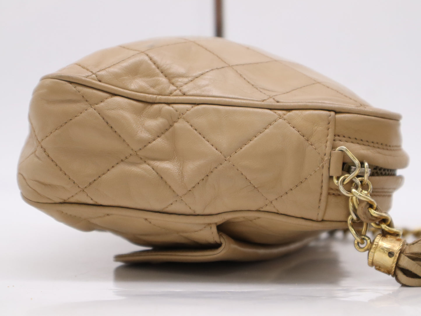 CHANEL Lambskin Matelasse Coco Mark Fringe Shoulder Bag with GD Hardware, Beige, Stickers, and Cards 0897809 Shoulder Bag