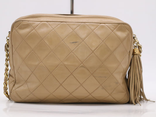 CHANEL Lambskin Matelasse Coco Mark Fringe Shoulder Bag with GD Hardware, Beige, Stickers, and Cards 0897809 Shoulder Bag