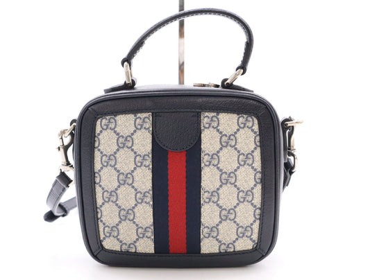 GUCCI 772157 GG Supreme Ophidia PVC and Leather 2-Way Handbag in Navy and Beige with Shoulder Strap, Dust Bag, and Box