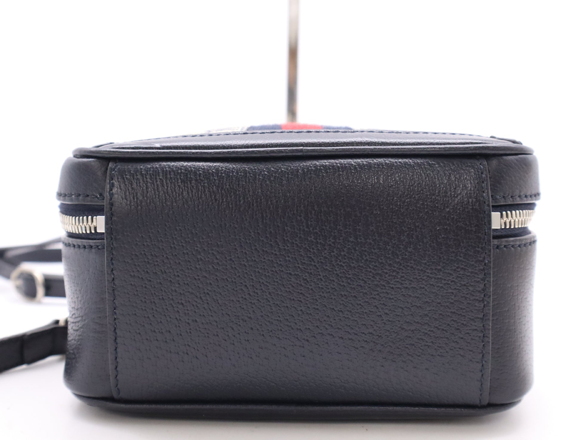 GUCCI 772157 GG Supreme Ophidia PVC and Leather 2-Way Handbag in Navy and Beige with Shoulder Strap, Dust Bag, and Box