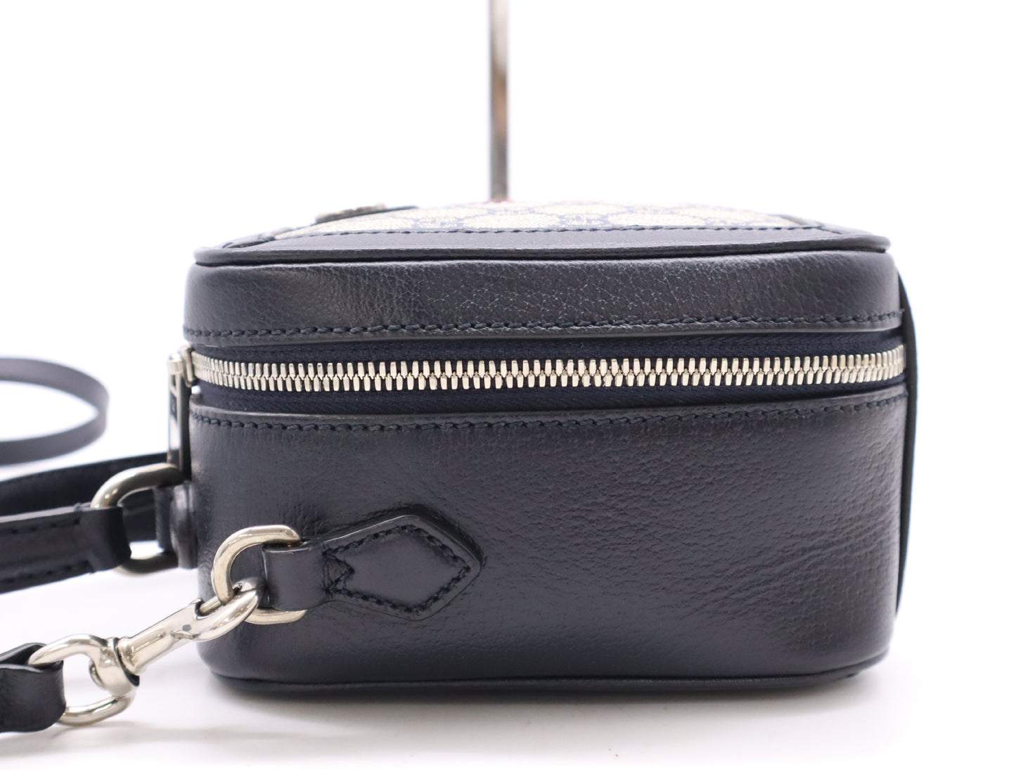 GUCCI 772157 GG Supreme Ophidia PVC and Leather 2-Way Handbag in Navy and Beige with Shoulder Strap, Dust Bag, and Box