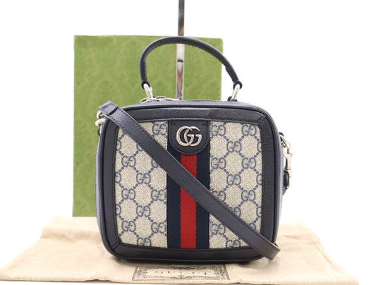 GUCCI 772157 GG Supreme Ophidia PVC and Leather 2-Way Handbag in Navy and Beige with Shoulder Strap, Dust Bag, and Box