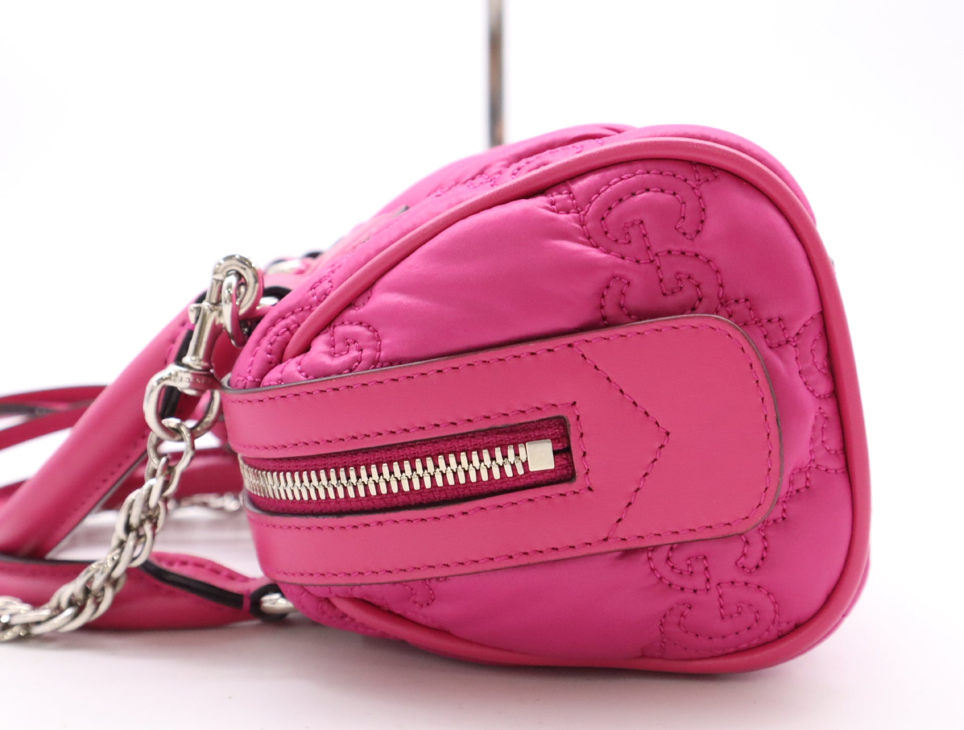 GUCCI 702251 Nylon and Leather GG Matelasse 2-Way Bag with Chain Shoulder Strap, Pink. Includes Shoulder Strap, Chain, Dust Bag, and Box.
