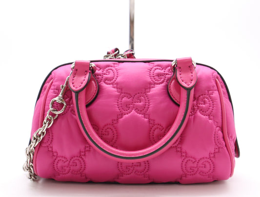 GUCCI 702251 Nylon and Leather GG Matelasse 2-Way Bag with Chain Shoulder Strap, Pink. Includes Shoulder Strap, Chain, Dust Bag, and Box.