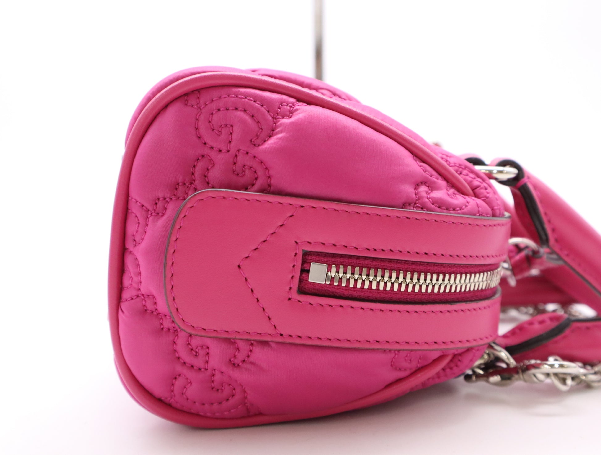 GUCCI 702251 Nylon and Leather GG Matelasse 2-Way Bag with Chain Shoulder Strap, Pink. Includes Shoulder Strap, Chain, Dust Bag, and Box.