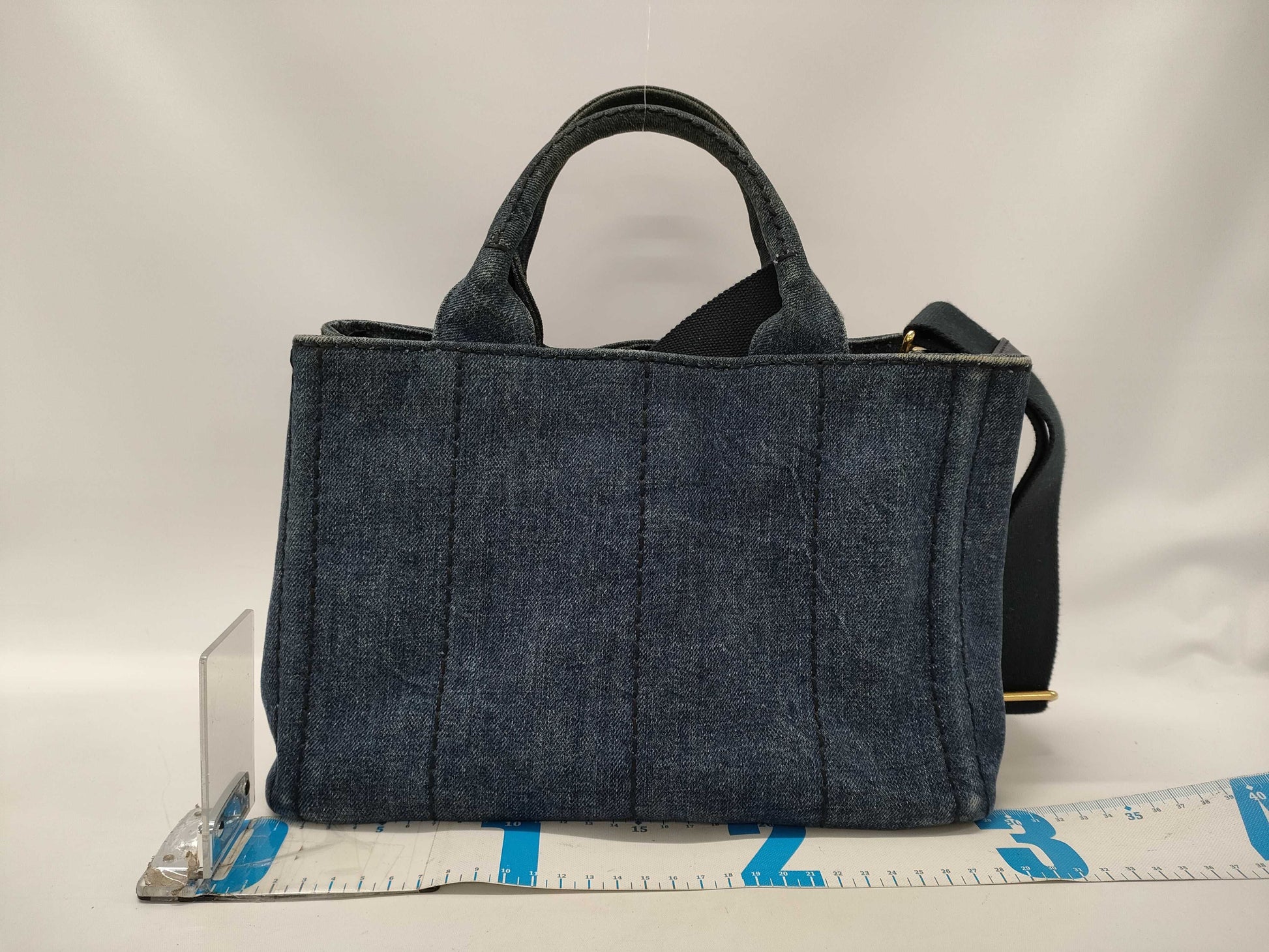 PRADA Canapa Mini Tote Bag with Triangle Plate, 2-Way, Denim, Blue, with Strap, Handbag