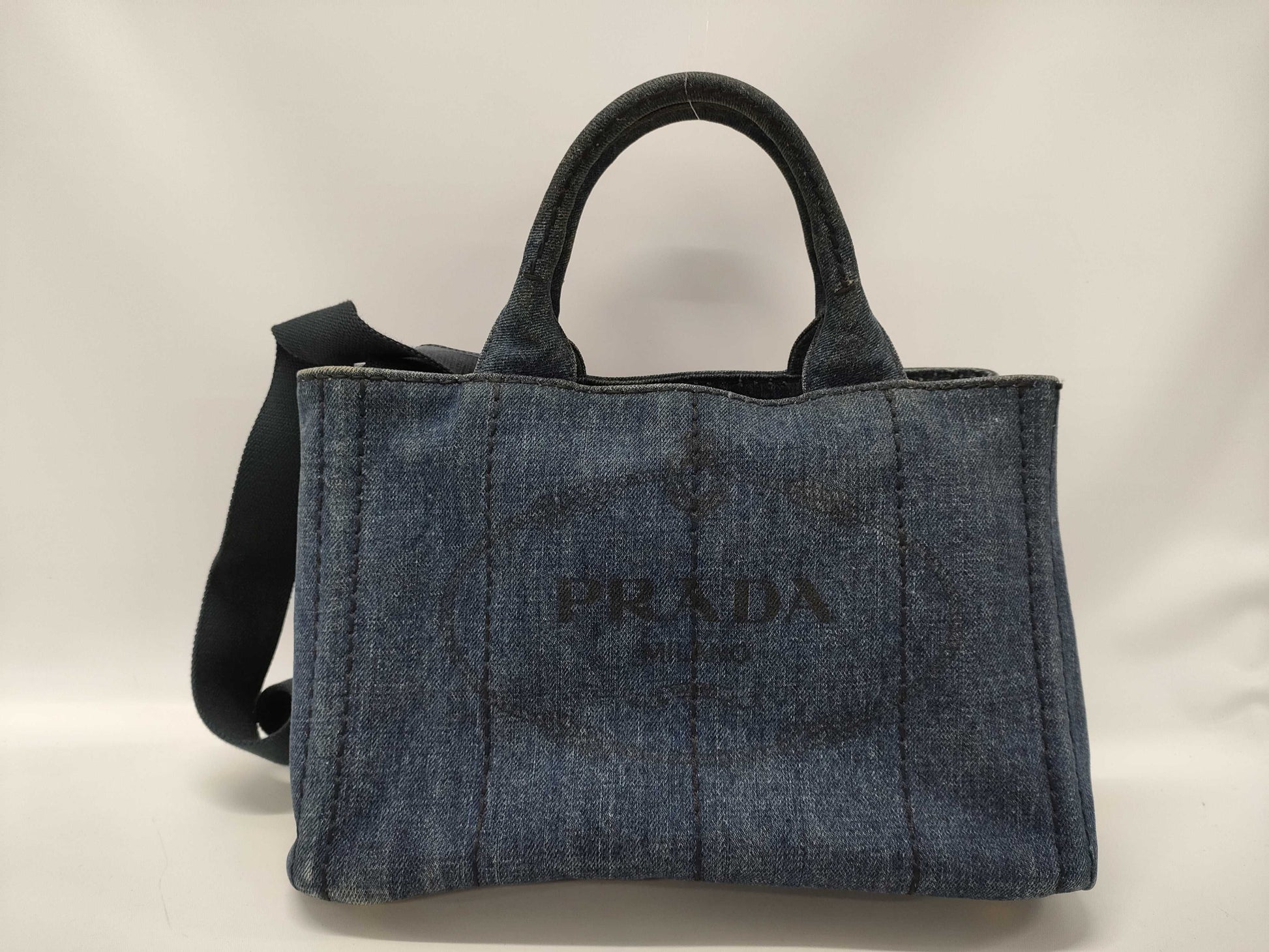 PRADA Canapa Mini Tote Bag with Triangle Plate, 2-Way, Denim, Blue, with Strap, Handbag