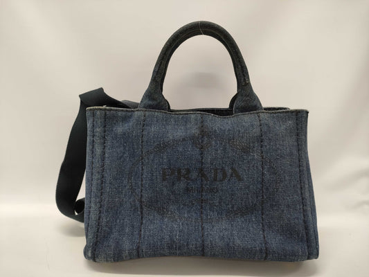 PRADA Canapa Mini Tote Bag with Triangle Plate, 2-Way, Denim, Blue, with Strap, Handbag