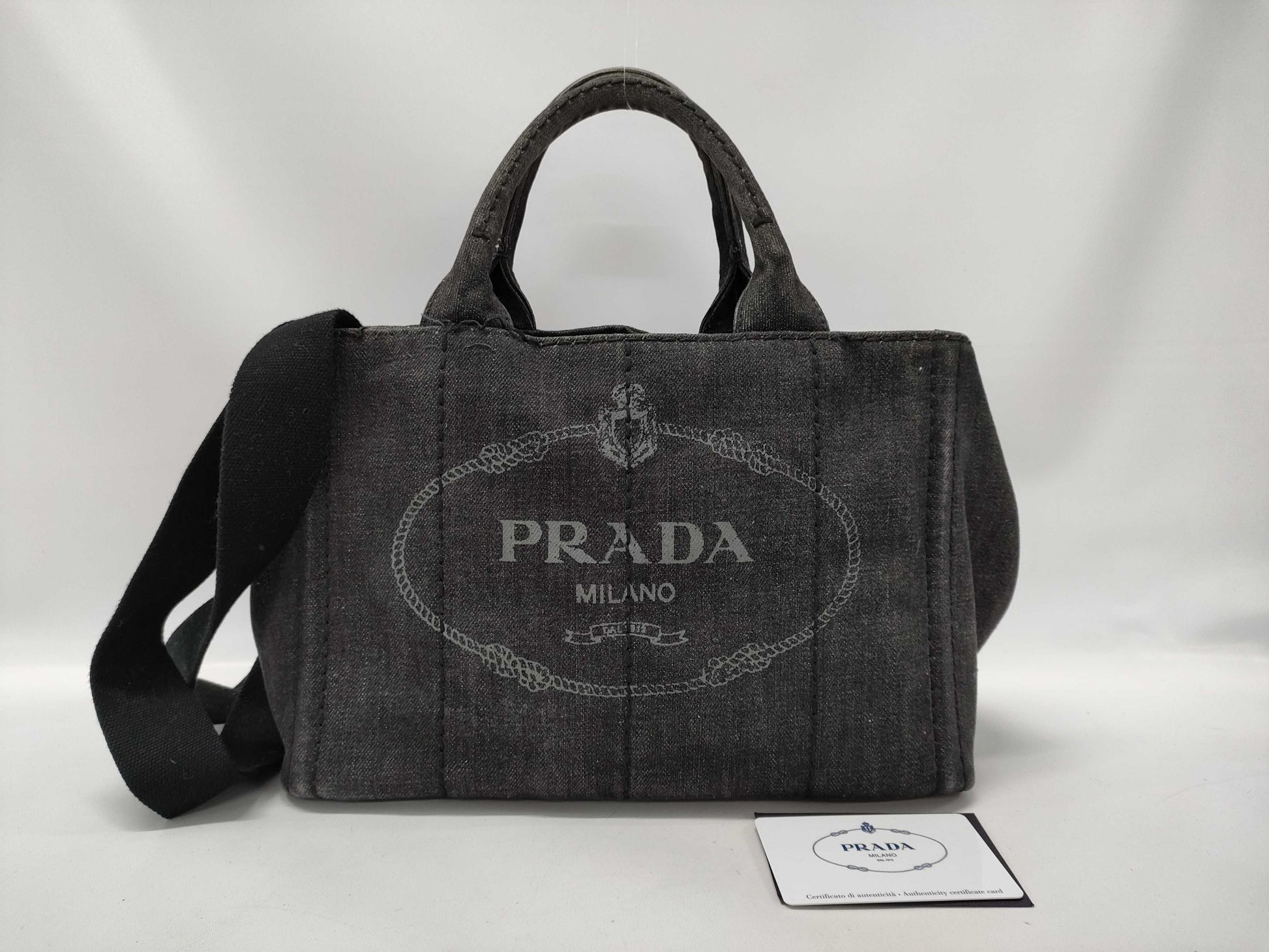 PRADA B2439G Canapa Denim 2-Way Handbag in Black with Guarantee Strap