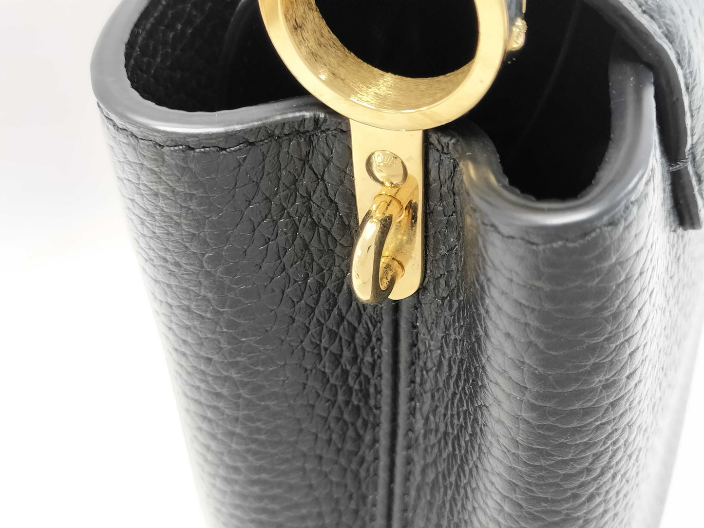 LOUIS VUITTON M23943 Taurillon Leather Capucines Mini Noir Handbag, RFID Enabled, No Serial Tag, Includes Strap, Scarf, Box, and Dust Bag