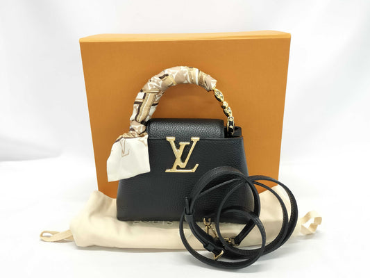 LOUIS VUITTON M23943 Taurillon Leather Capucines Mini Noir Handbag, RFID Enabled, No Serial Tag, Includes Strap, Scarf, Box, and Dust Bag
