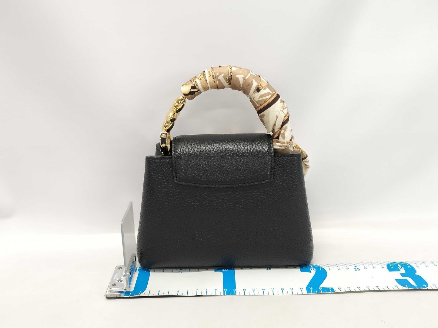 LOUIS VUITTON M23943 Taurillon Leather Capucines Mini Noir Handbag, RFID Enabled, No Serial Tag, Includes Strap, Scarf, Box, and Dust Bag