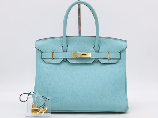 HERMES Togo Birkin 30 Blue Atoll Gold Hardware T-Engraved 2015 Handbag