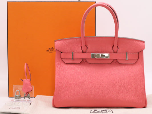 HERMES Togo Birkin 25 Pink Silver Fittings B Engraved 2023 Cadena Key x2 with Storage Bag and Box Handbag