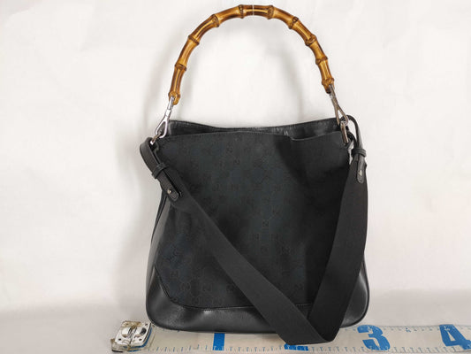 GUCCI GG Canvas Bamboo One-Shoulder Black Shoulder Bag