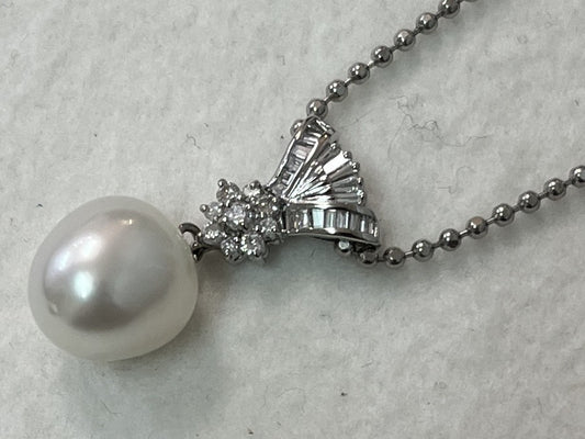 Semi-Round Pearl Diameter Approx. 12.4mm D0.54ct Pt900/850 13.6g Necklace