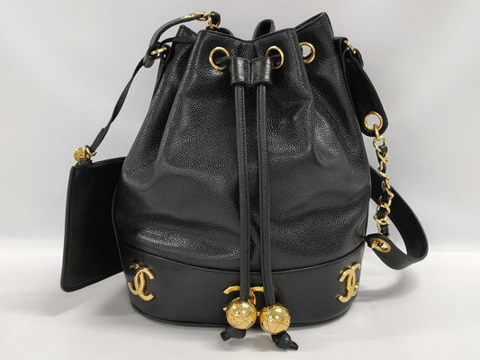 CHANEL Caviar Skin Triple Coco Drawstring Chain Shoulder Bag, Black, G Hardware, No. 2