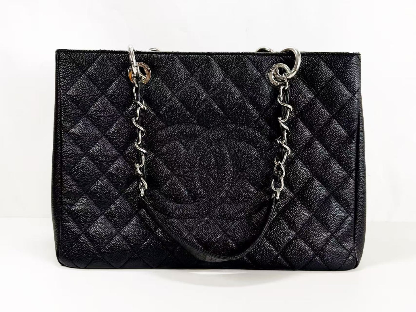 CHANEL Black Caviar Leather GST Matelasse Tote Bag with Silver Hardware and Chain, Size 17, W33cm, H24cm, D14cm , Seal Included, 1783842