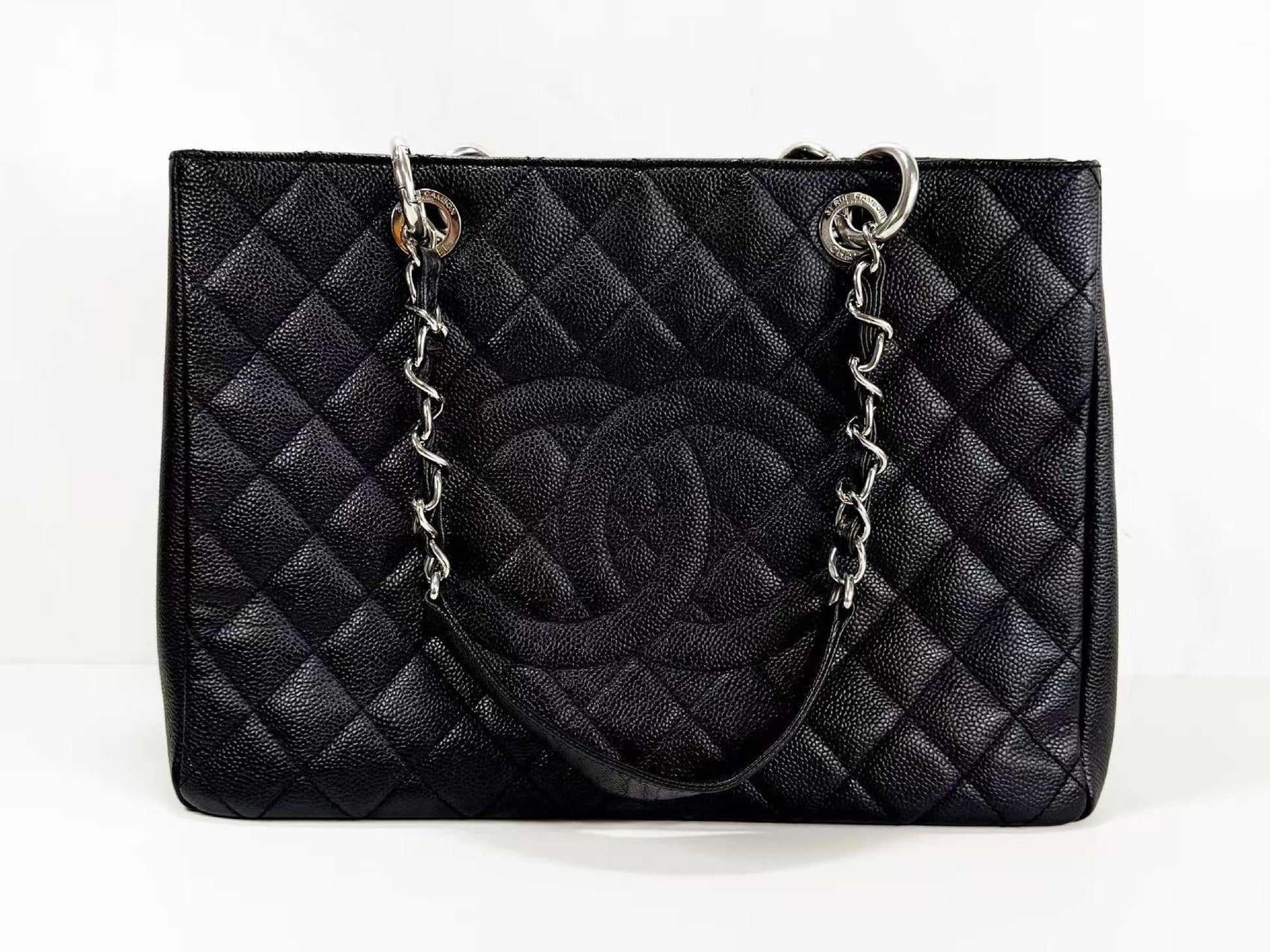 CHANEL Black Caviar Leather GST Matelasse Tote Bag with Silver Hardware and Chain, Size 17, W33cm, H24cm, D14cm , Seal Included, 1783842