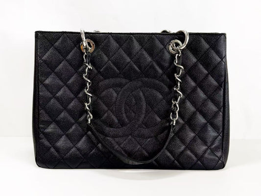 CHANEL Black Caviar Leather GST Matelasse Tote Bag with Silver Hardware and Chain, Size 17, W33cm, H24cm, D14cm , Seal Included, 1783842