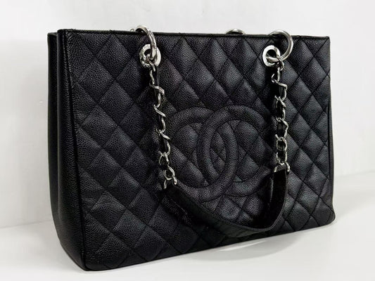 CHANEL Black Caviar Leather GST Matelasse Tote Bag with Silver Hardware and Chain, Size 17, W33cm, H24cm, D14cm , Seal Included, 1783842