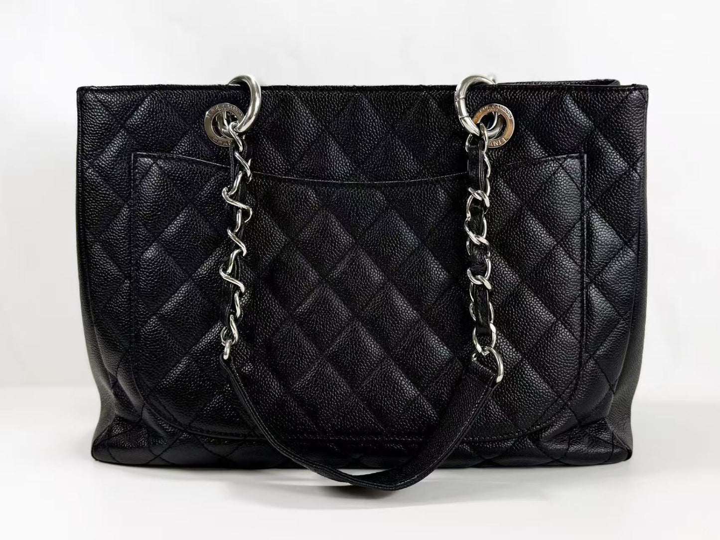 CHANEL Black Caviar Leather GST Matelasse Tote Bag with Silver Hardware and Chain, Size 17, W33cm, H24cm, D14cm , Seal Included, 1783842