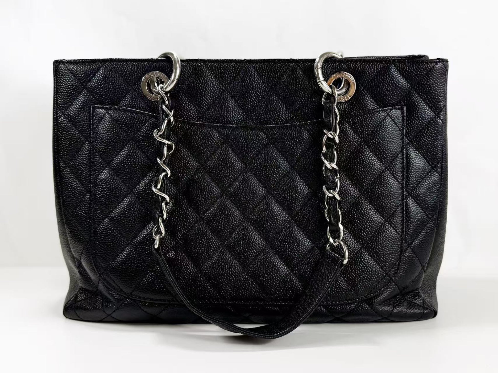 CHANEL Black Caviar Leather GST Matelasse Tote Bag with Silver Hardware and Chain, Size 17, W33cm, H24cm, D14cm , Seal Included, 1783842