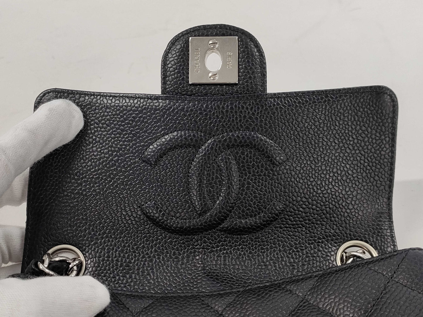 CHANEL Mini Matelasse Shoulder Bag, Caviar Leather, Silver Hardware