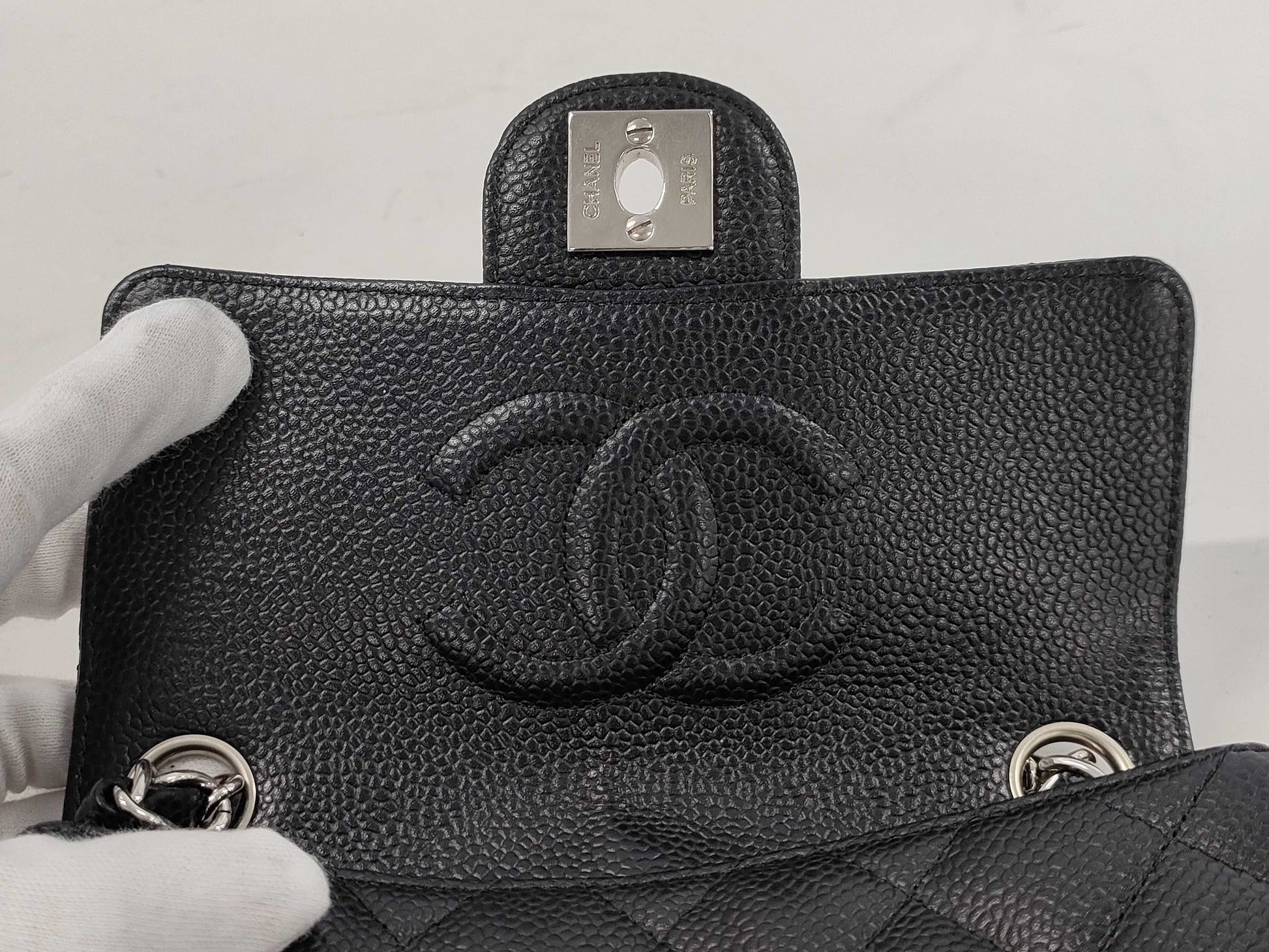 CHANEL Mini Matelasse Shoulder Bag, Caviar Leather, Silver Hardware