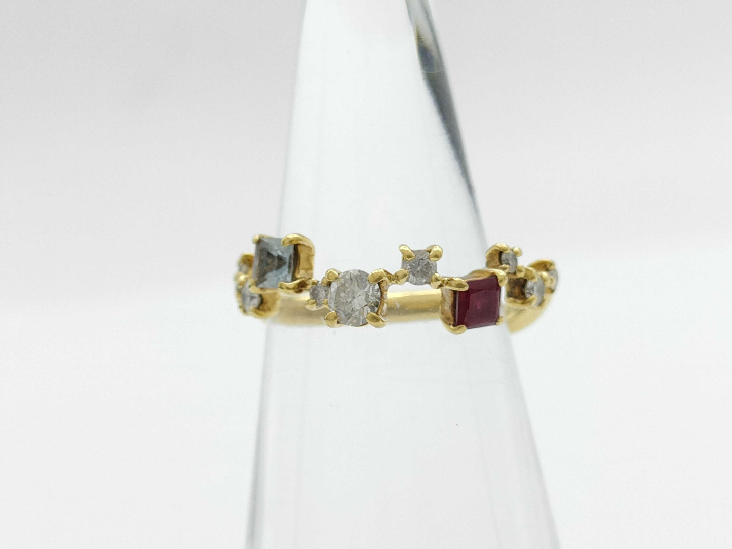 Aquamarine Ruby Garnet Diamond 0.32/0.12/0.18 Engraved K18 2.6g Ring