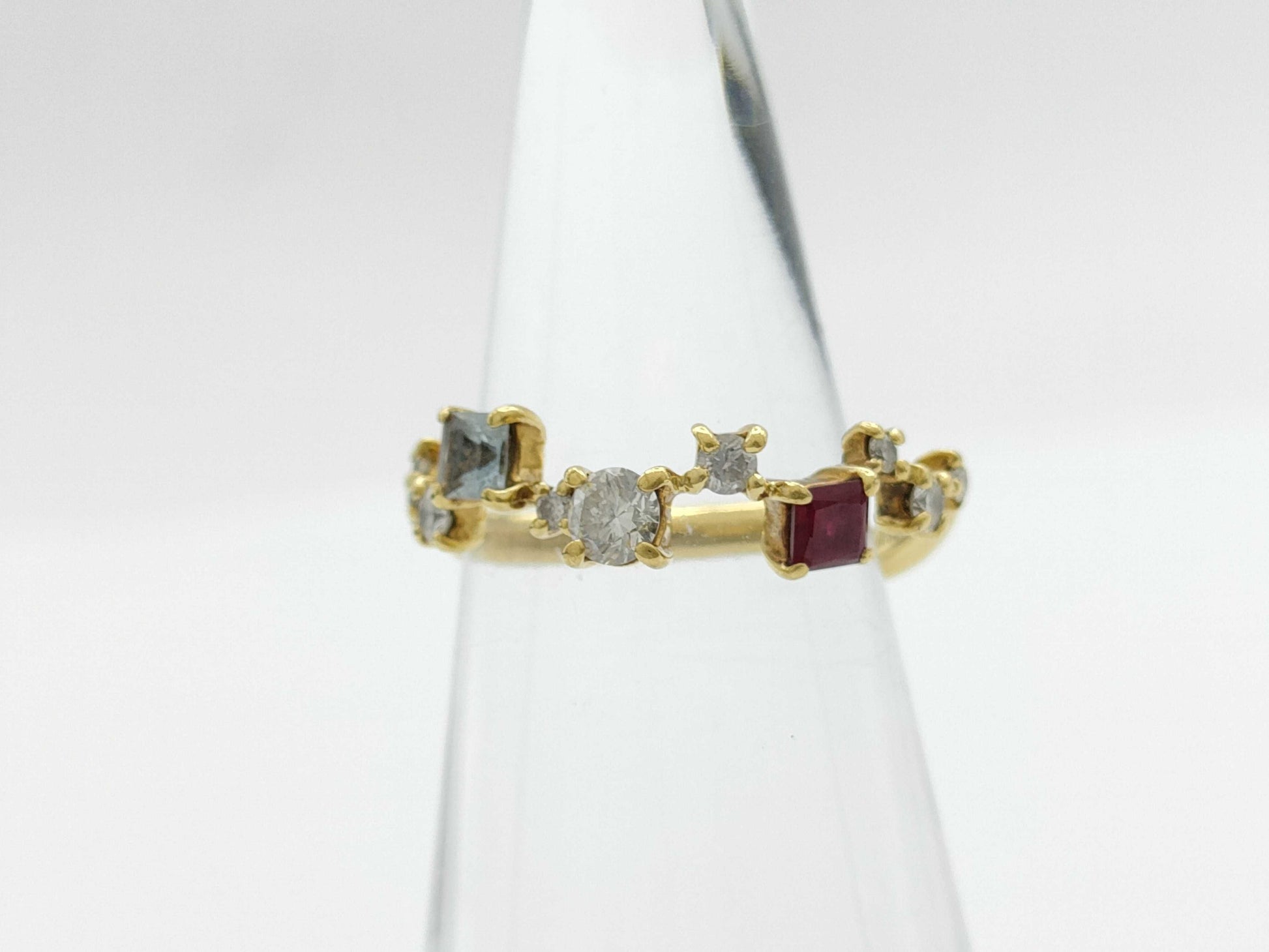Aquamarine Ruby Garnet Diamond 0.32/0.12/0.18 Engraved K18 2.6g Ring