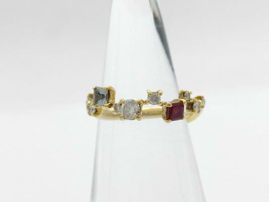Aquamarine Ruby Garnet Diamond 0.32/0.12/0.18 Engraved K18 2.6g Ring