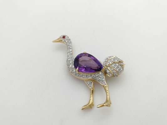 Ostrich Motif Ruby AM4.26ct D0.80ct K18 7.5g Brooch