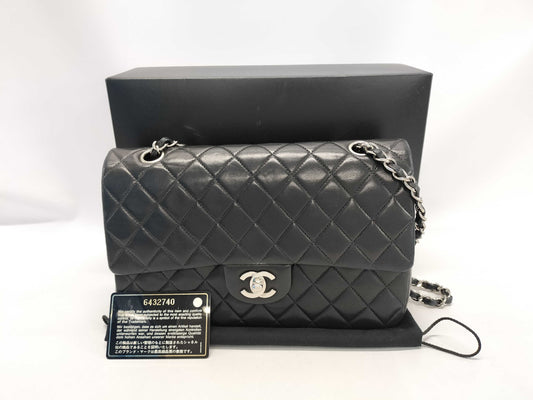 CHANEL Double Flap Silver Hardware Matelasse Chain Shoulder Bag with Sticker and Card