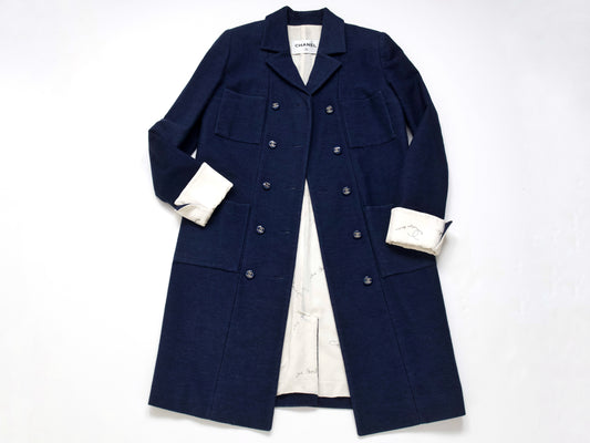 CHANEL CC Button Embroidered Lining Navy Size 38 Coat