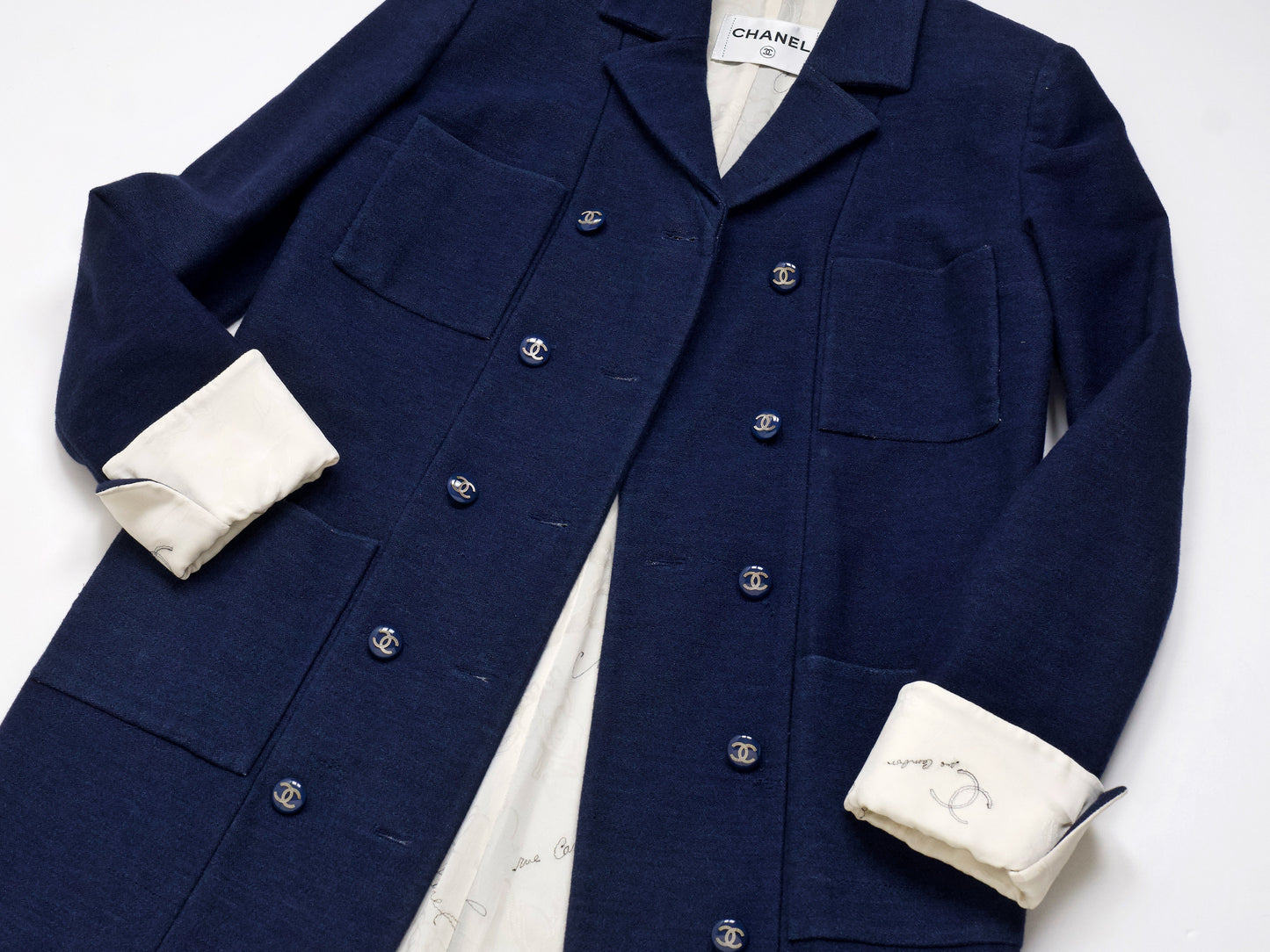 CHANEL CC Button Embroidered Lining Navy Size 38 Coat