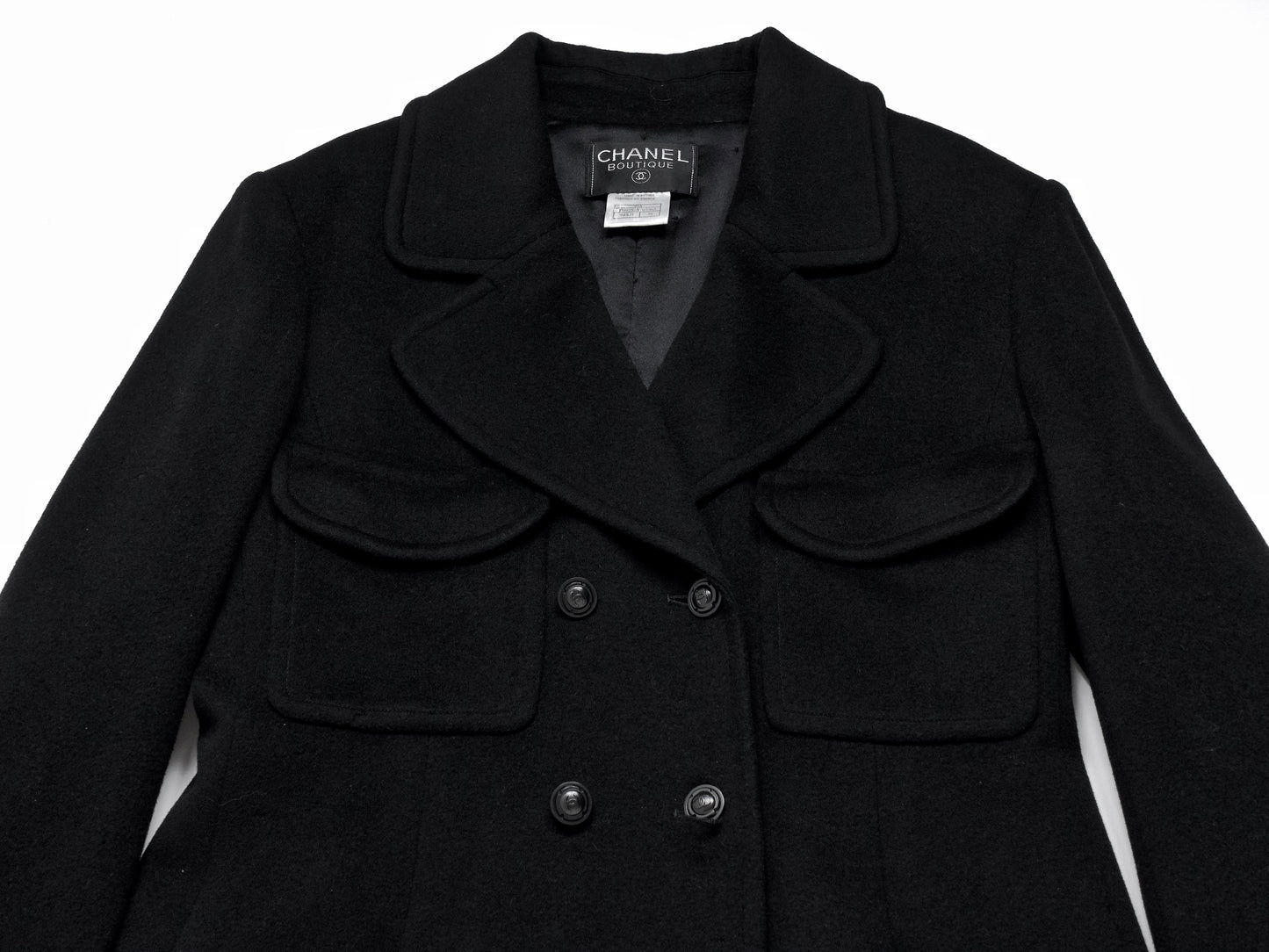 CHANEL 1997 Wool Quilted Lining Black Coat Size 38