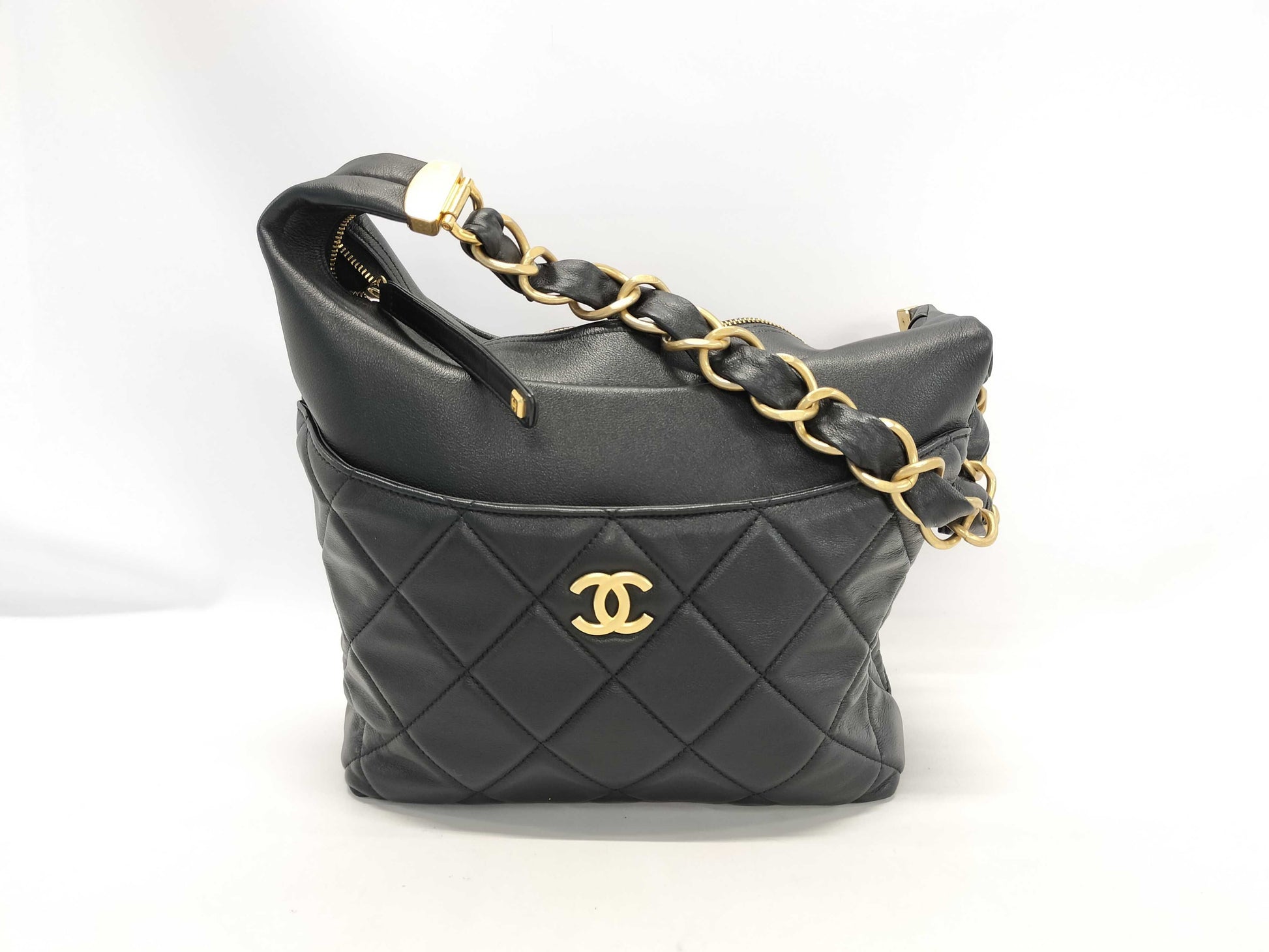 CHANEL Matelasse Hobo Bag, Black, Gold Hardware, Random Number, Shoulder Bag