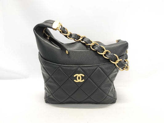 CHANEL Matelasse Hobo Bag, Black, Gold Hardware, Random Number, Shoulder Bag